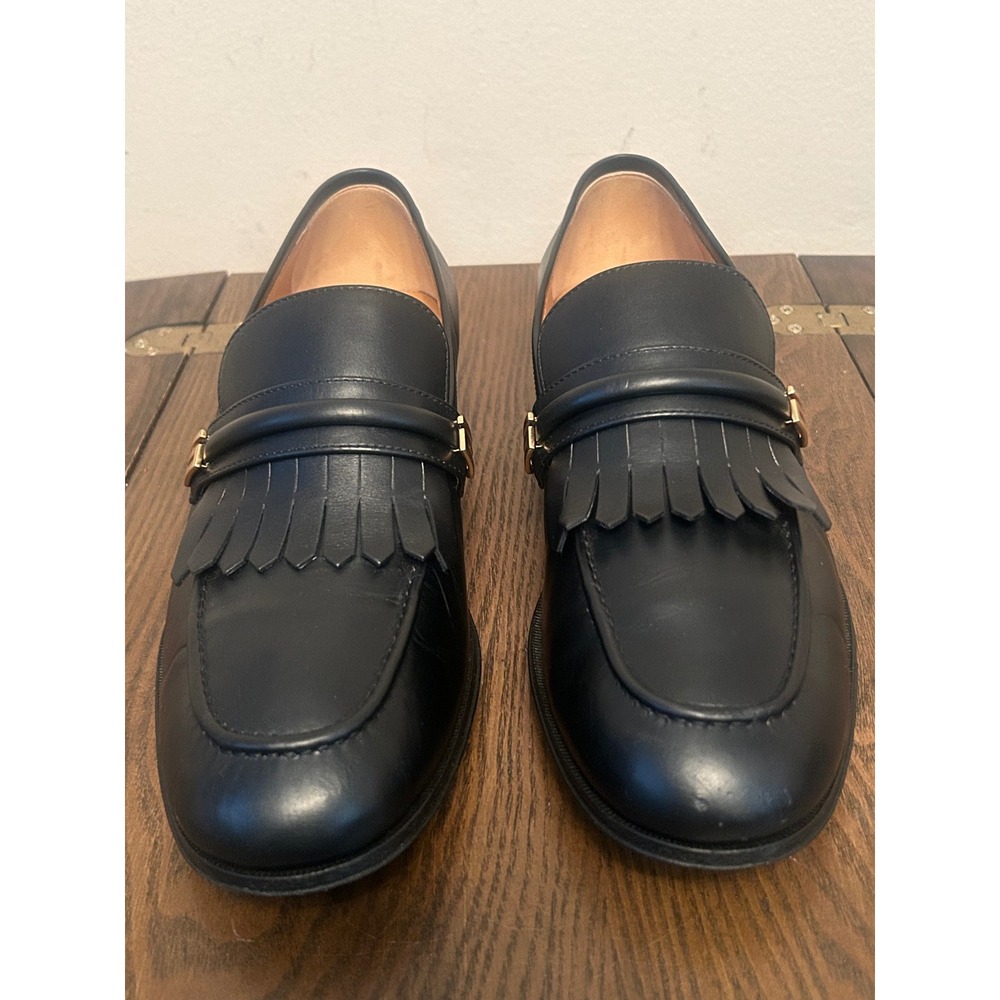 GUCCI 714680 Mirrored G Gold Kiltie Loafers Black Leather Men's 7.5 - Picture 2 of 13